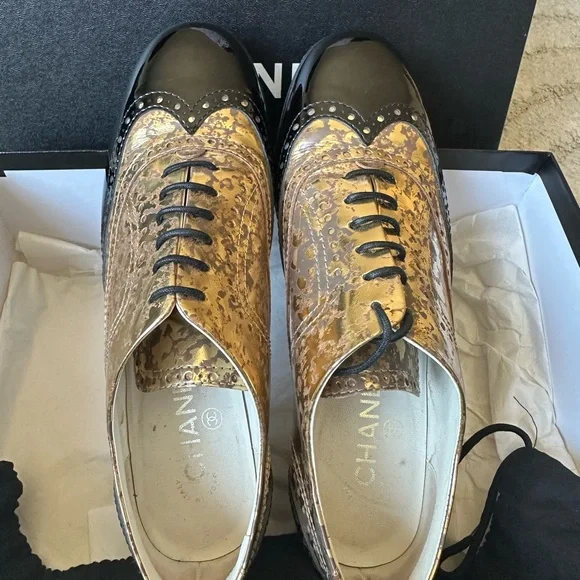 CHANEL Women’s Gold and Black Oxford Shoes - Picture 3 of 14